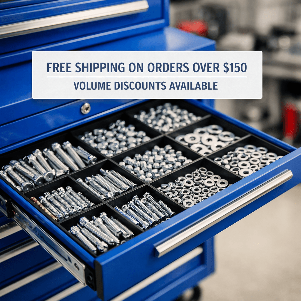 Stainless steel fasteners - bolts, nuts, washers, and screws on a workbench