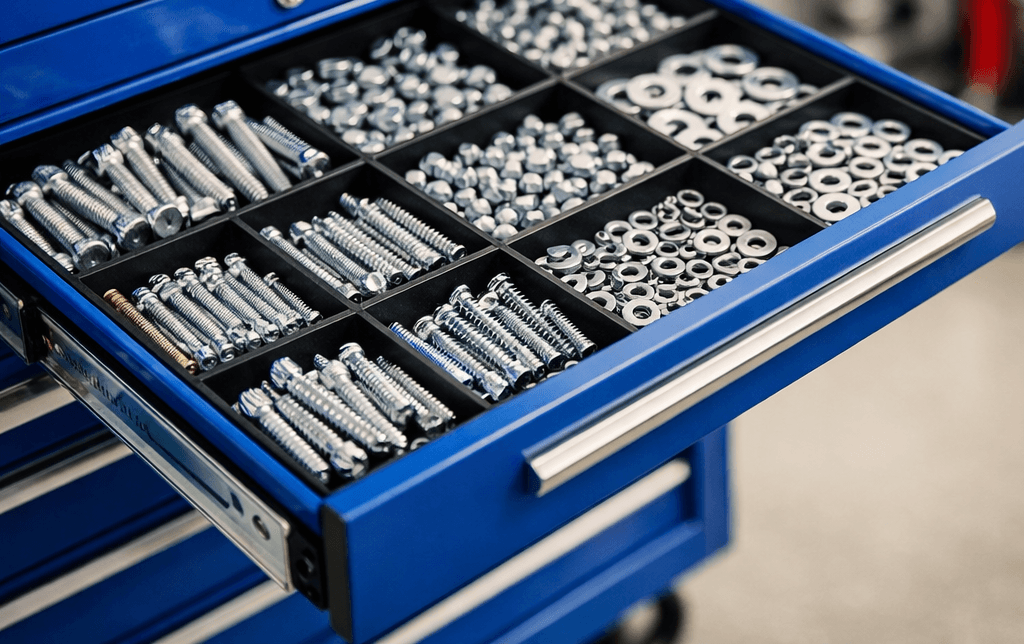 Organized drawer of stainless steel bolts, nuts, and washers